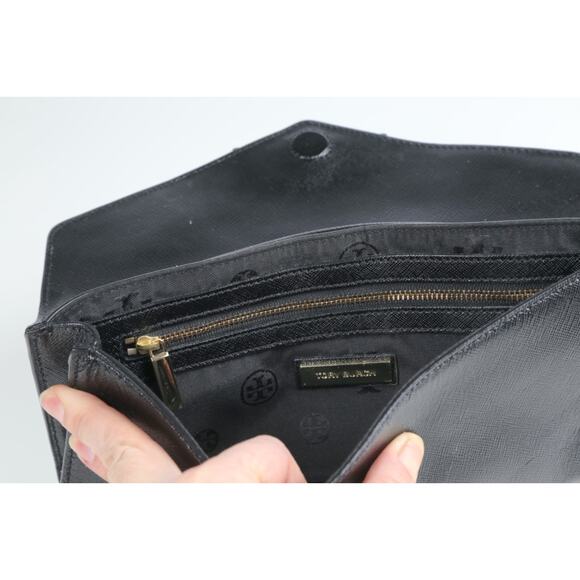 Tory Burch Black Deco Saffiano Leather Clutch Bag Evening Elegant Chic Purse - Picture 6 of 16